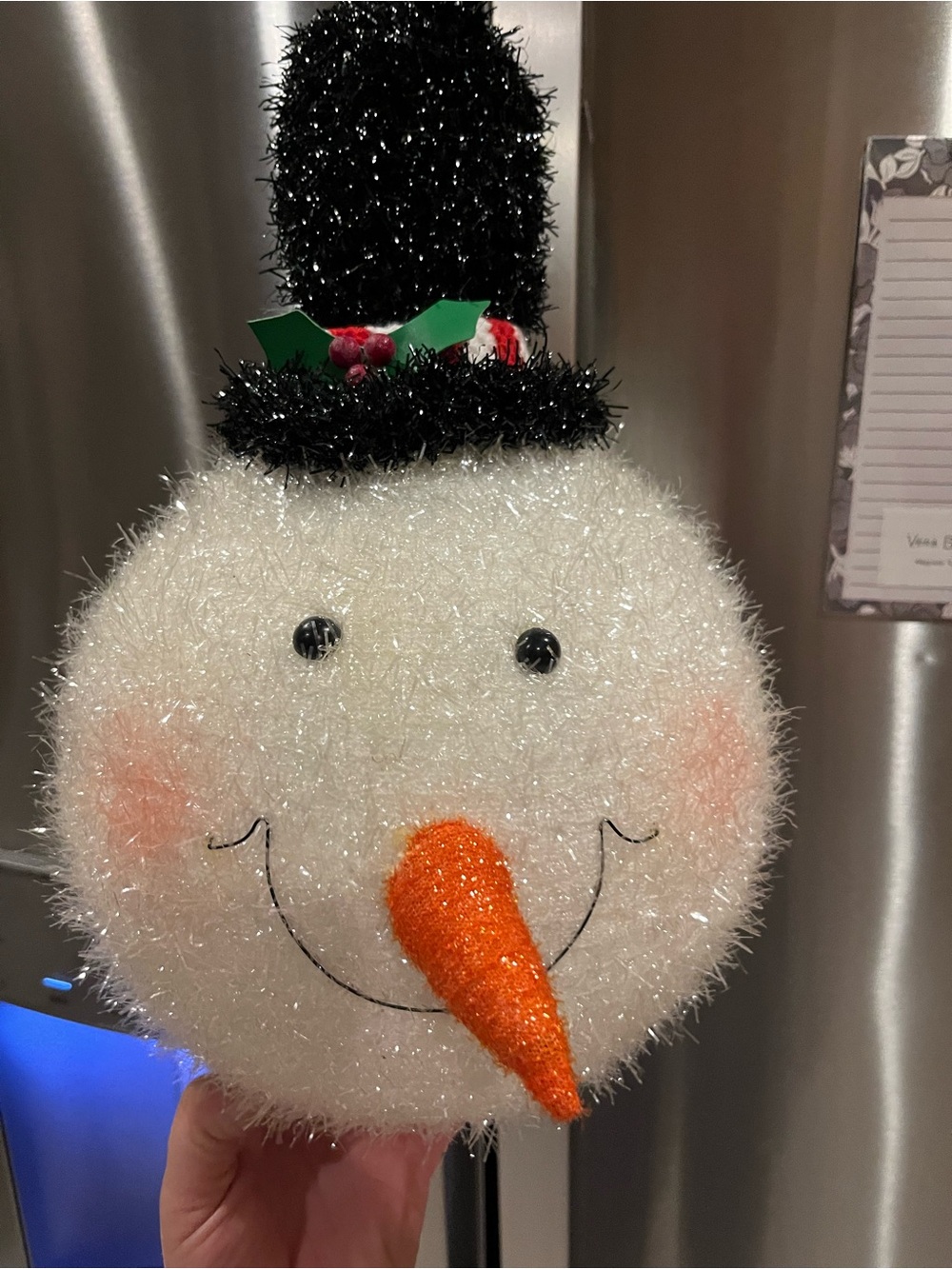 Glitter White Snowman Head Holiday Decor with Orange Nose and Black Hat
